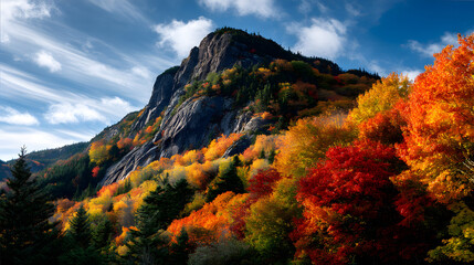 A breathtaking autumn scene with red, yellow, and ornge leaves covering a mounain hill, set against a clar blue sky.