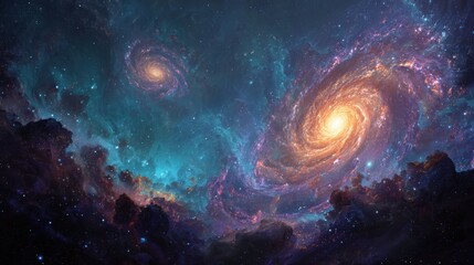 Fototapeta premium Two majestic galaxies spiral together in the depths of space, illuminated by radiant stars and surrounded by colorful cosmic clouds. The view captures the awe of the universe.