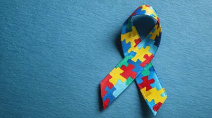 A vibrant ribbon featuring a puzzle pattern rests on a blue background, symbolizing autism awareness. This design encourages conversations and support for individuals with autism.