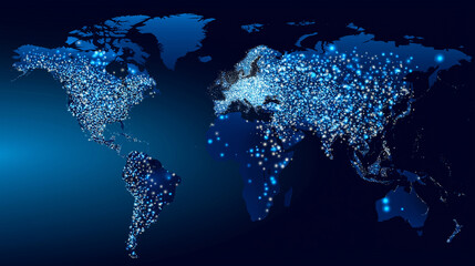 Subtle blue map silhouette with evenly distributed white dots representing population density.