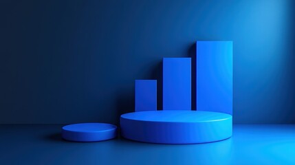 A blue, minimalist stage with cylinders and bars, ideal for product presentation or artistic display