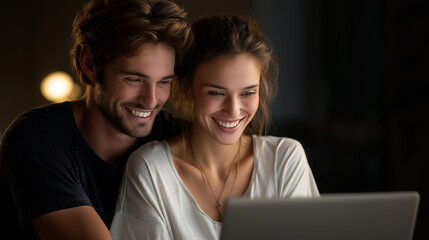 A couple laughs with a laptop, the joyful scene illuminated by gentle light. Couple, laptop, with copy space