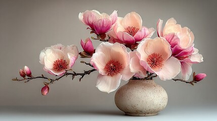  Pink flowers in white vase on gray wall