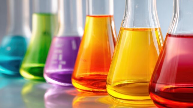 Different flasks filled with vibrant liquids are arranged on a laboratory table. The setup highlights diverse colors, showcasing a chemistry experiment in progress during the afternoon.