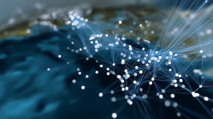 Network-style visualization: white dots connected by thin blue lines on a muted map.