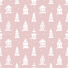 Fototapeta premium Winter Seamless Pattern. Christmas Houses. Winter Landscape. White Silhouettes of Houses, Fir Trees. Snow. Template. Vector Illustration on Pink Background