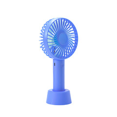 A blue portable comfortable handheld fan on a trnsparent background.