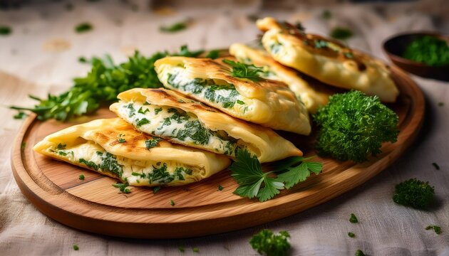 freshly cooked golden flatbread stuffed with creamy cheese and greens sits on a wooden board garnished with vibrant herbs a dish perfect for sharing or enjoying as a snack