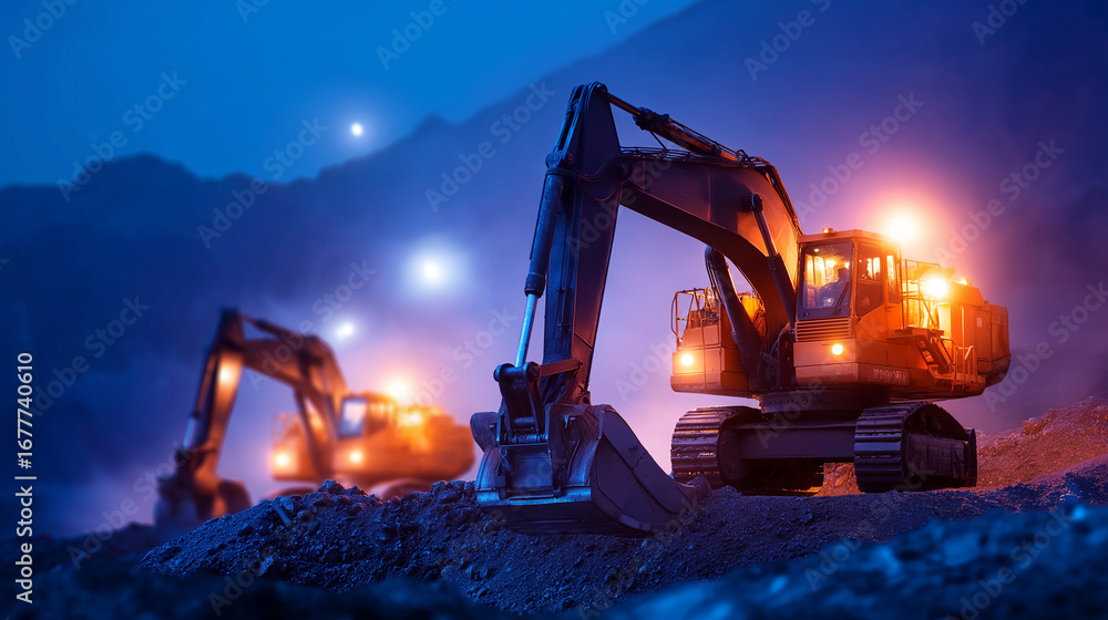 Poster iron ore mining operation with massive excavators loading trucks under dramatic industrial lighting 