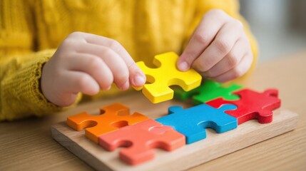 A young child is focused on assembling a colorful puzzle on a wooden surface. The child picks up a bright yellow piece, matching it with others in red, blue, and green.