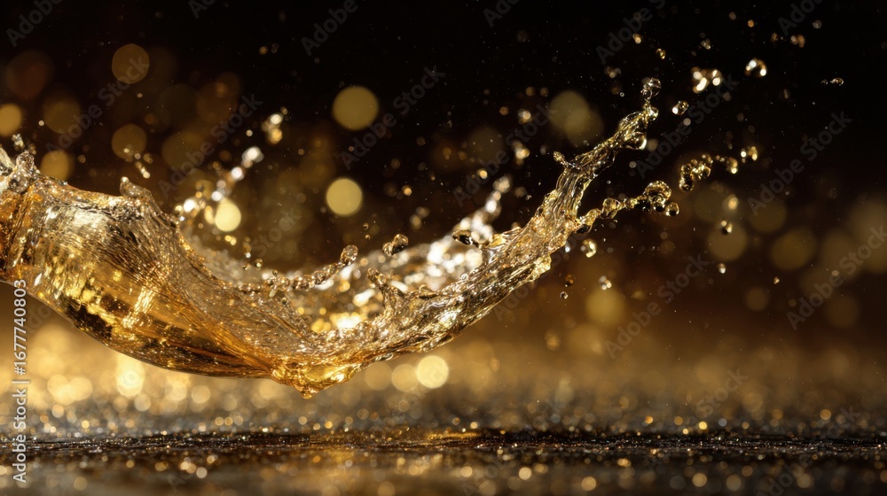 Poster a bottle of beverage tips over, creating a vibrant splash that reflects light on a dark surface. gol