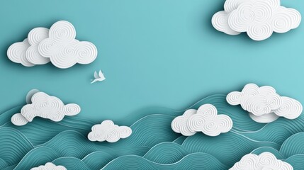 Paper cut illustration of ocean waves and swirling clouds, with a flying bird