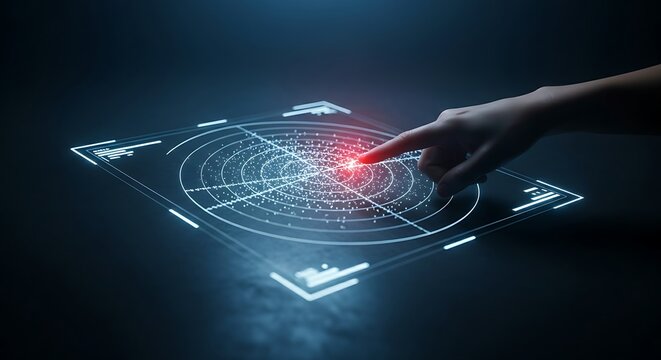 Data insights and discovery concept. A holographic radar interface scans a field of data points, with a hand pointing to a highlighted discovery.
