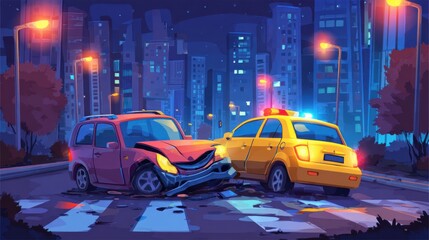 Fototapeta premium Two vehicles are involved in a collision at a city intersection at night. A red car appears damaged while a yellow car has flashing lights, surrounded by tall city buildings.