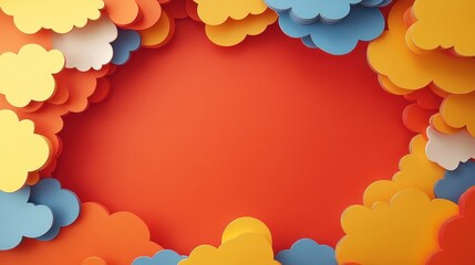 Colorful paper cloud cutouts frame a vibrant orange backdrop, forming a cheerful border