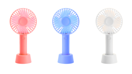 Set of three colorful portable handheld mini fans in pink, blue, and white, isolated on a transparent background.