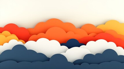 Graphic depiction of layered paper-like clouds in shades of blue, orange, red, yellow & white