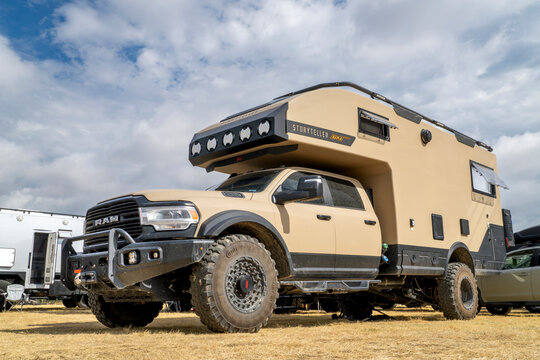 Loveland, CO, USA - August 22, 2025: Storyteller Overland GXV HILT, off-road adventure truck constructed on the Dodge RAM 5500 chassis.