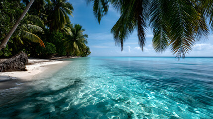 A tranquil tropical beach with crystal-clear turquoie water and palm trees genly swaying in the warm breze.