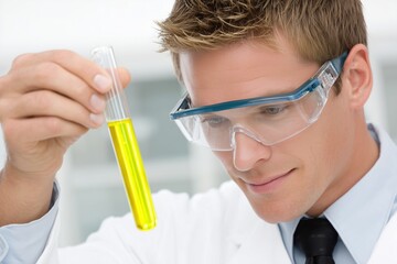 Scientist in a lab coat examining a test tube filled with bright yellow liquid, conducting a chemical experiment in a modern laboratory setting