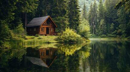 Obraz premium A serene wooden cabin surrounded by lush trees and a calm lake, reflecting nature's beauty in a tranquil setting.