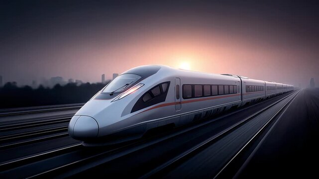 High-Speed Train Rushing Towards Distant City at Dawn