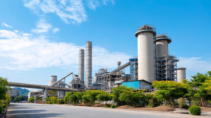 Cement manufacturing plant with rotary kilns and limestone processing equipment high temperature operations and dust control systems managing raw material transformation in heavy