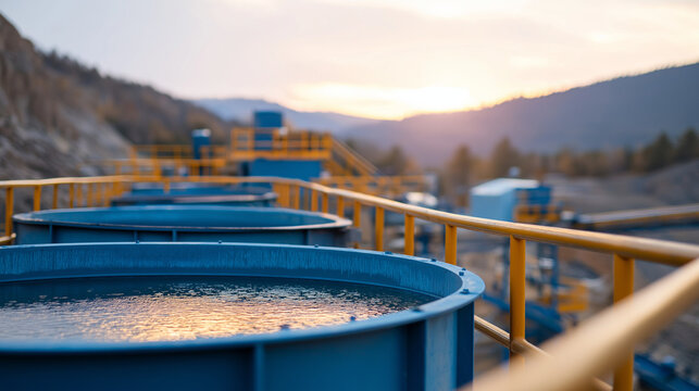 Gold mining facility with cyanide leaching tanks and ore processing equipment precious metal recovery systems and environmental protection measures managing extraction operations