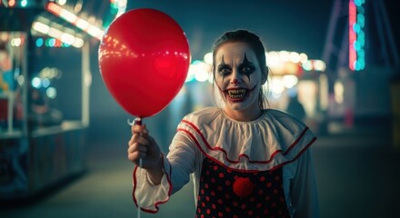 Woman in scary clown costume holding red balloon at night. Creepy horror character for Halloween themed party or celebration.