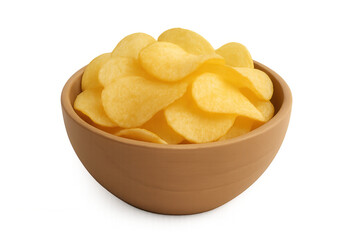 Potato chips cascading from ceramic bowl, representing snacking abundance with crisp golden edges against transparent backdrop