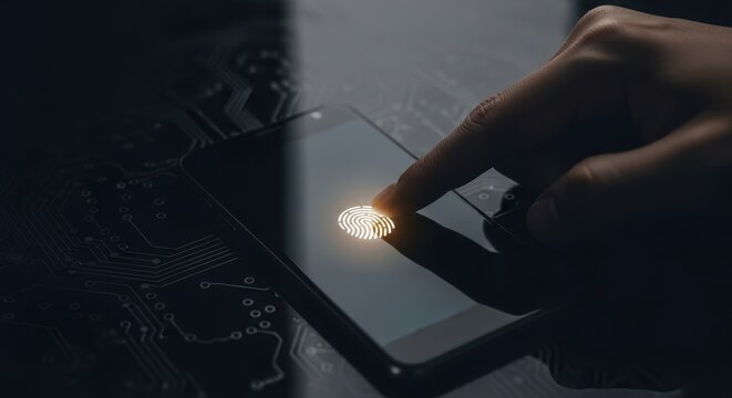Person hand touching a smartphone screen with glowing fingerprint for secure access. Digital security and biometric authentication for banking. - Powered by Adobe
