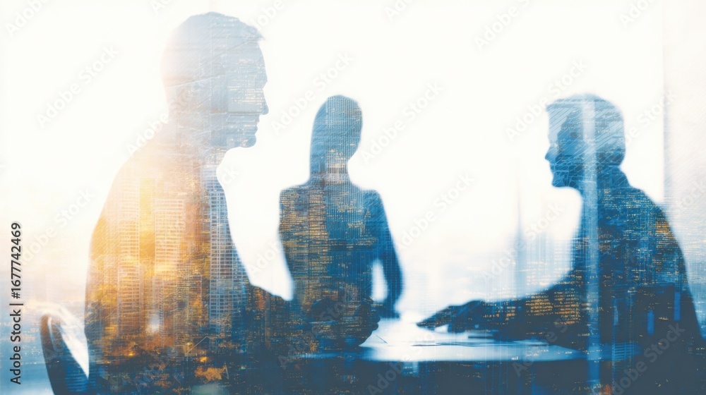 Poster two professionals engage in a discussion at a conference table while a silhouette of a third person 