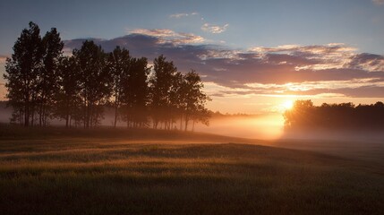 Sunrise glow over a misty field, trees silhouetted. Golden light fills the landscape with serenity and a sense of peace.