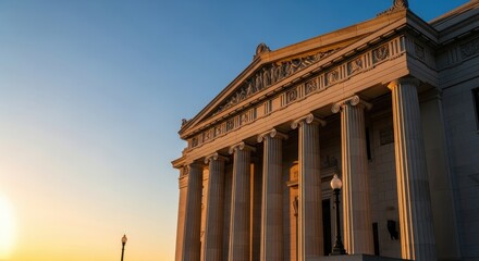 Obraz premium Grand neoclassical building facade with columns and detailed carvings reflecting golden hour light. Architectural strength representing stability for banking and finance.