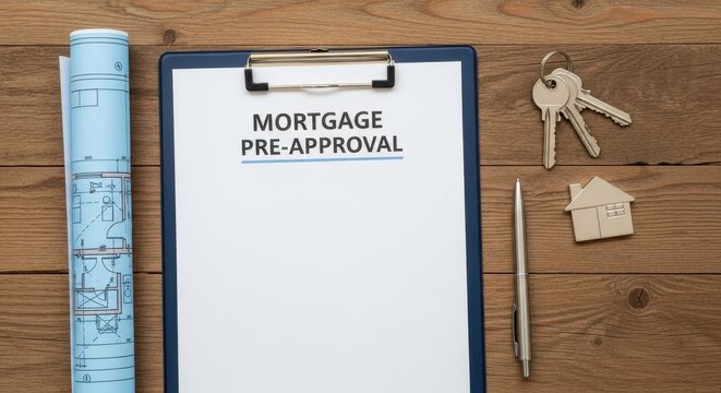 Mortgage pre approval document on clipboard with house keys, blueprint, and pen. Concept of real estate purchasing and home loan financing.