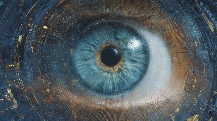 Futuristic Eye: Digital Iris. The eye is encased in an intricate network of circuits and lights, blurring the line between biology and technology.