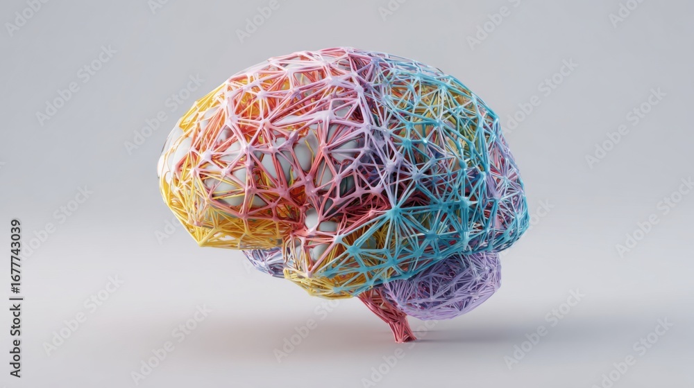 Poster a vibrant and intricate design depicts a brain constructed from colorful threads, showcasing an arti