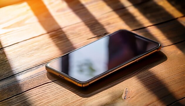 mobile device with empty display resting on wooden surface illuminated by sunlight filtering through a window