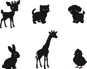 Cute baby deer, kitten, puppy, rabbit, giraffe, chick, adorable animal cartoon characters for kids, nursery, educational, playful, flat vector illustration