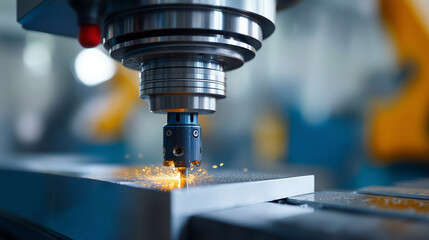 CNC machining centers with cutting tools and automated tool changers precision manufacturing equipment with coolant systems and chip management creating sparks and metal shavings