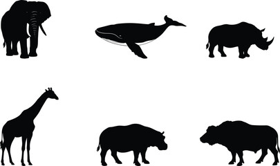Elephant, whale, rhinoceros, giraffe, hippopotamus, bison, wild animals, wildlife silhouettes, nature mammals, big creatures, black design, animal shapes, flat vector illustration