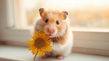 A charming hamster is perched on a windowsill, clutching a vibrant sunflower while basking in the warm golden light of the late afternoon sun.