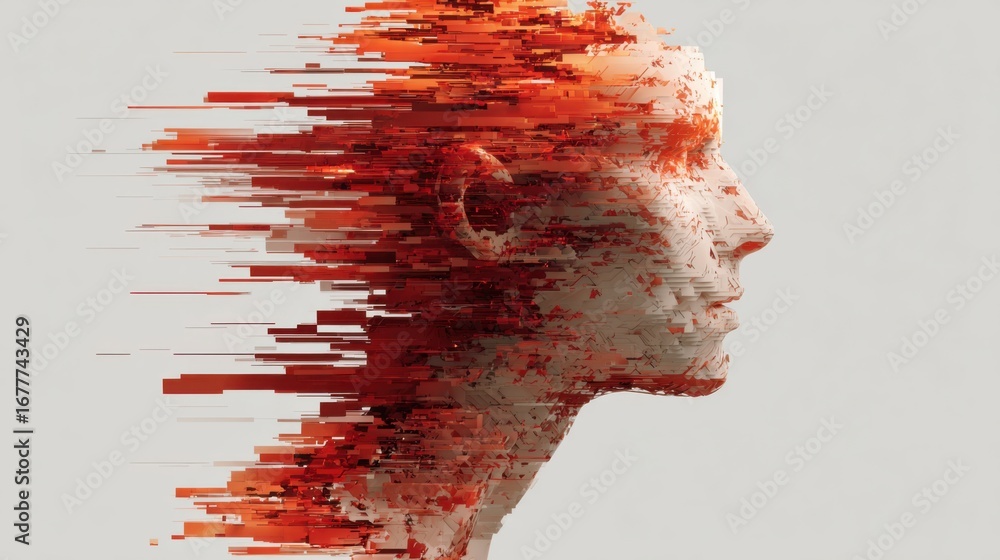Poster a human face is depicted in a blend of red and white textures that fragment into digital forms. this