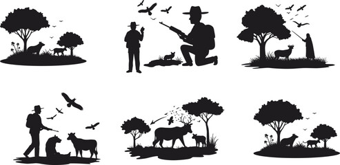 Hunting scene, pastoral life, wildlife animals, human silhouette, dog companion, deer hunting, cow calf, nature birds, outdoor activity, forest landscape, flat vector illustration
