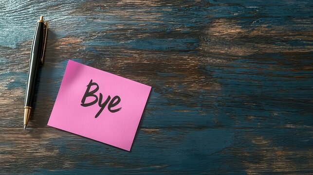 A farewell note saying 'Bye' on a pink sticky note beside a sleek black pen, set against a rustic wooden table.