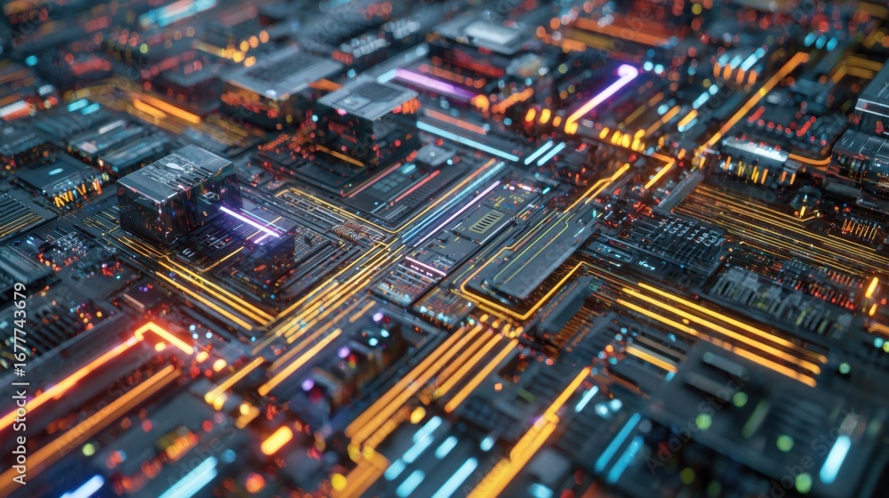 Poster a close-up view of a complex circuit board features glowing pathways and chips. this futuristic desi