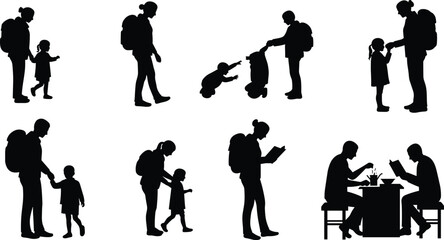 Parenting moments, adult child interaction, family care, teaching, guidance, nurturing, reading, feeding, walking, helping, bonding, education, love, flat vector illustration