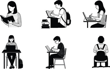 Student study activities, reading, writing, laptop work, education, learning, academic lifestyle, school preparation, knowledge, research, black silhouette, vector design
