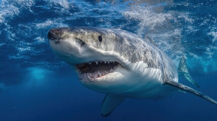 Naklejka premium A great white shark glides gracefully through crystal clear ocean waters, showcasing its powerful physique and sharp teeth. Sunlight filters through the waves, creating a mesmerizing underwater scene.