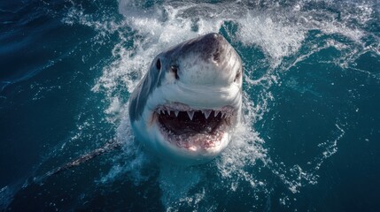 Fototapeta premium A great white shark is captured mid-breach, showcasing its powerful jaws and sharp teeth above clear blue ocean water. The setting highlights a vibrant marine environment under bright sunlight.